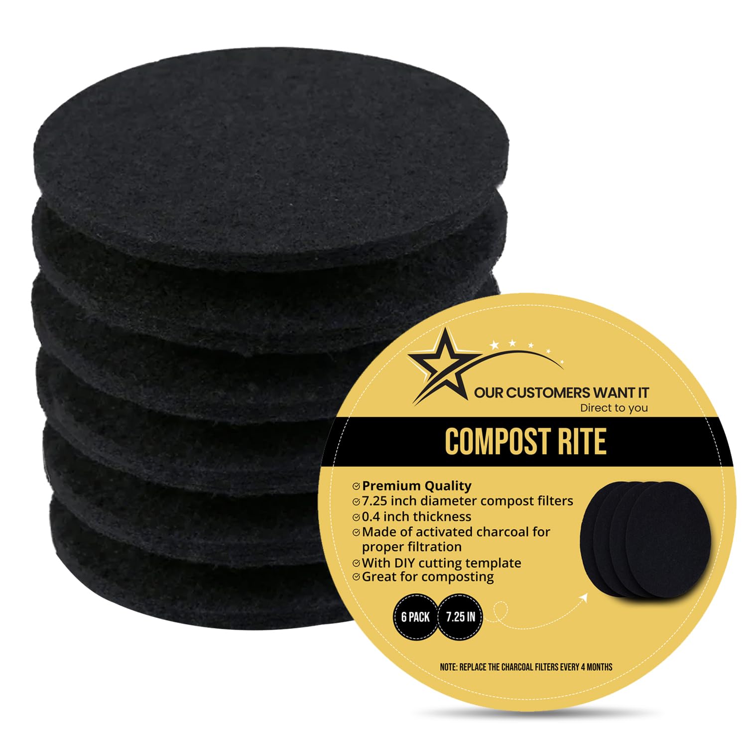 Compost Rite 6 Pack Charcoal Filters for Compost Bucket - Round 7.25 inch Compost Pail Filters, 0.4 Inch Ultra Thick Compost bin Charcoal Filter Replacement, Cutting Template Unisize Composting Bins