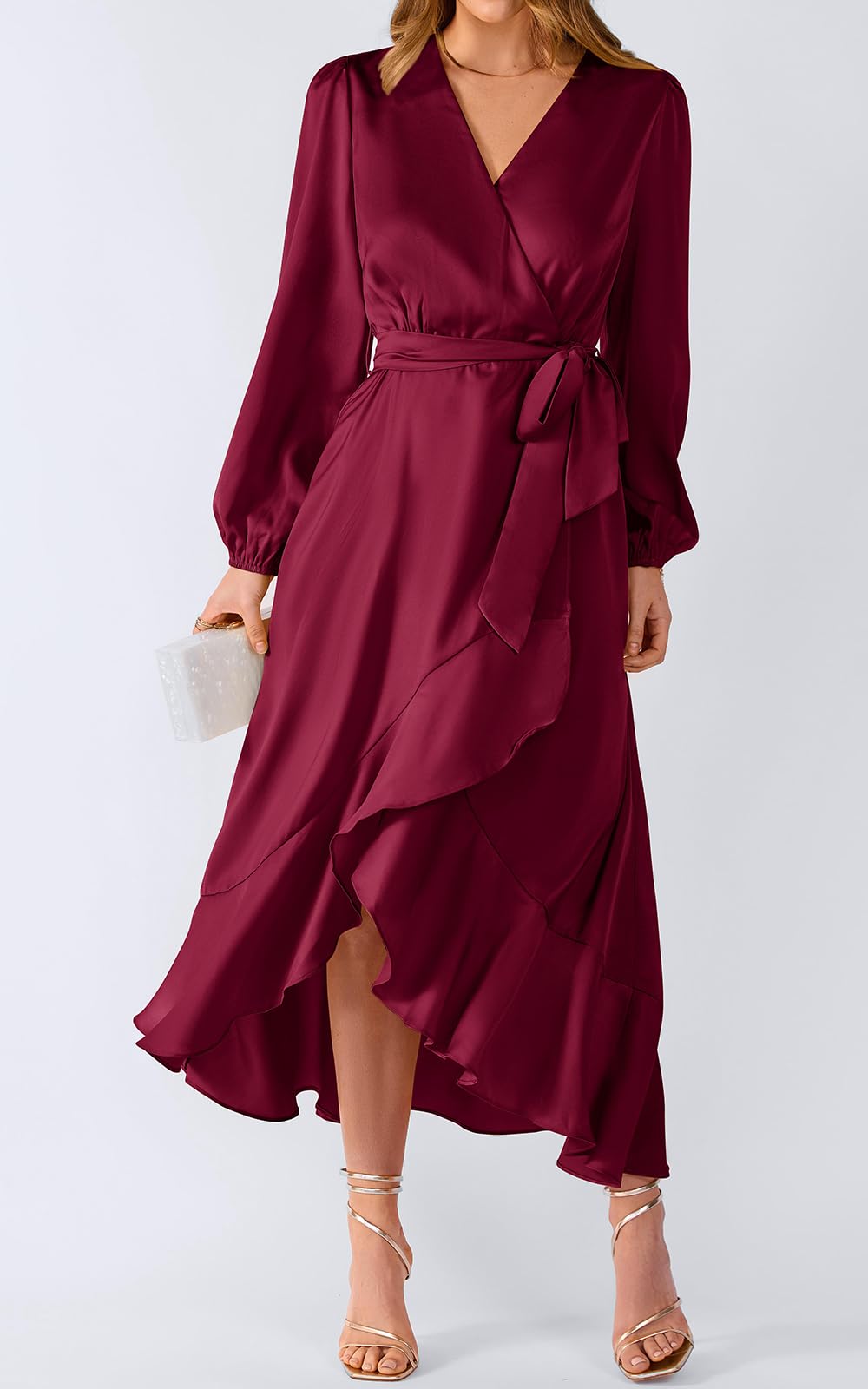 PRETTYGARDEN Women's Satin Fall Dress Semi Formal Satin Long Sleeve Wrap V Neck Ruffle Belted A-Line Flowy Maxi Dresses (Wine Red,Small)