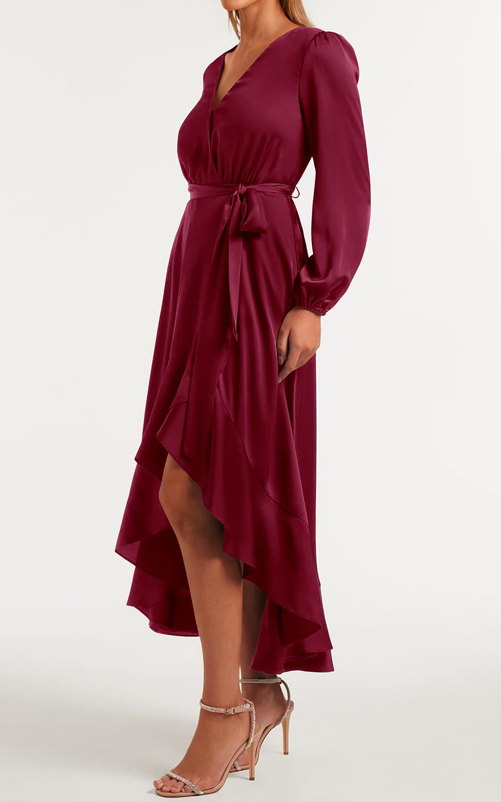 PRETTYGARDEN Women's Satin Fall Dress Semi Formal Satin Long Sleeve Wrap V Neck Ruffle Belted A-Line Flowy Maxi Dresses (Wine Red,Small)