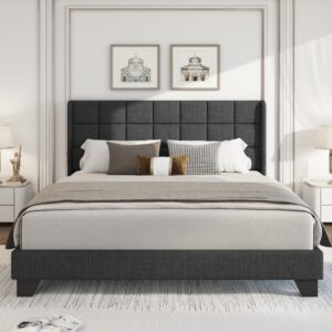 WEEWAY Queen Size Wingback Upholstered Platform Bed Frame, Box-tufted Headboard, Wooden Slats, No Box Spring Needed, Easy Assembly, Dark Grey