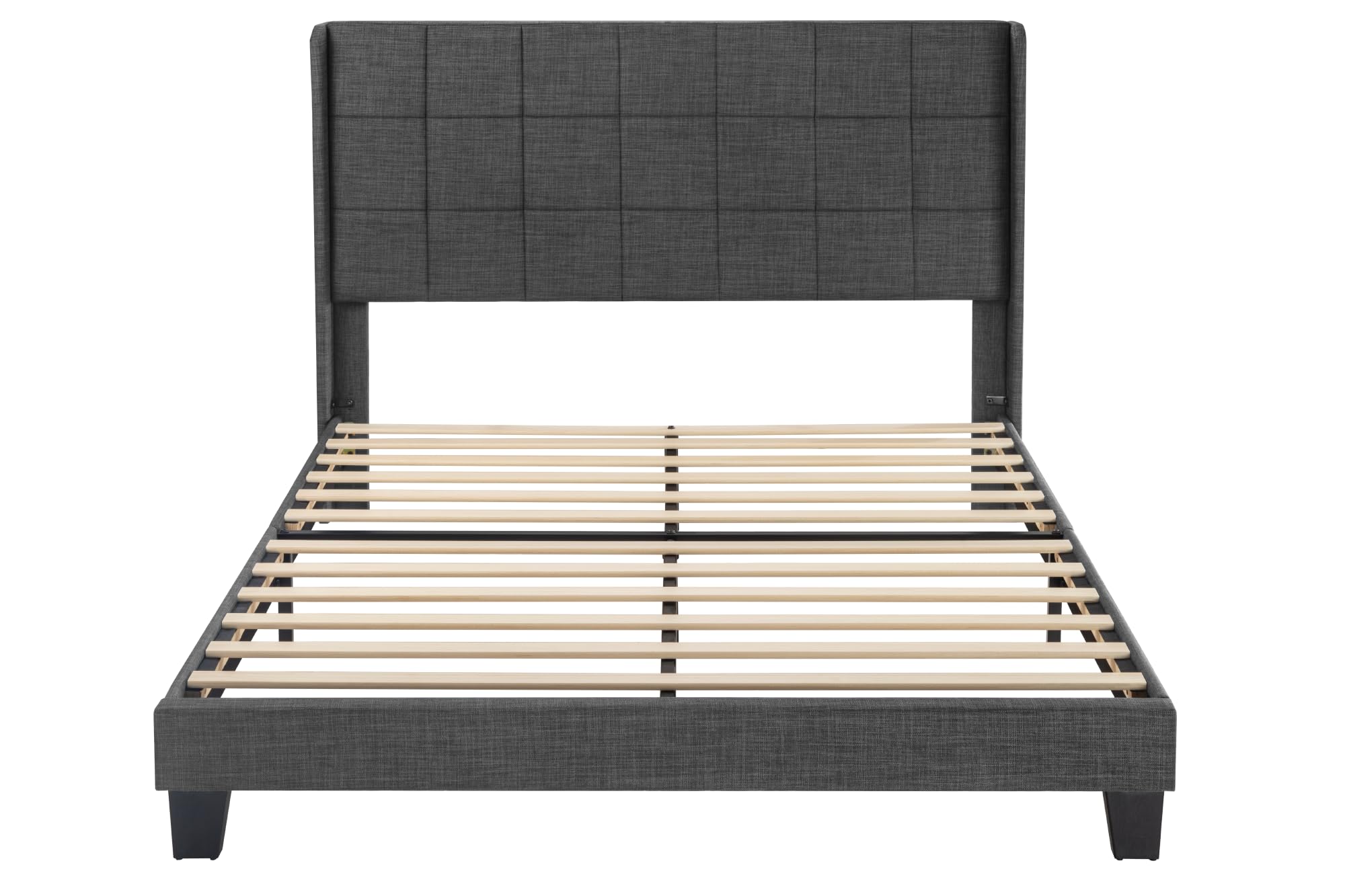 WEEWAY Queen Size Wingback Upholstered Platform Bed Frame, Box-tufted Headboard, Wooden Slats, No Box Spring Needed, Easy Assembly, Dark Grey