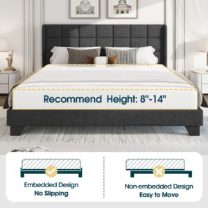 WEEWAY Queen Size Wingback Upholstered Platform Bed Frame, Box-tufted Headboard, Wooden Slats, No Box Spring Needed, Easy Assembly, Dark Grey