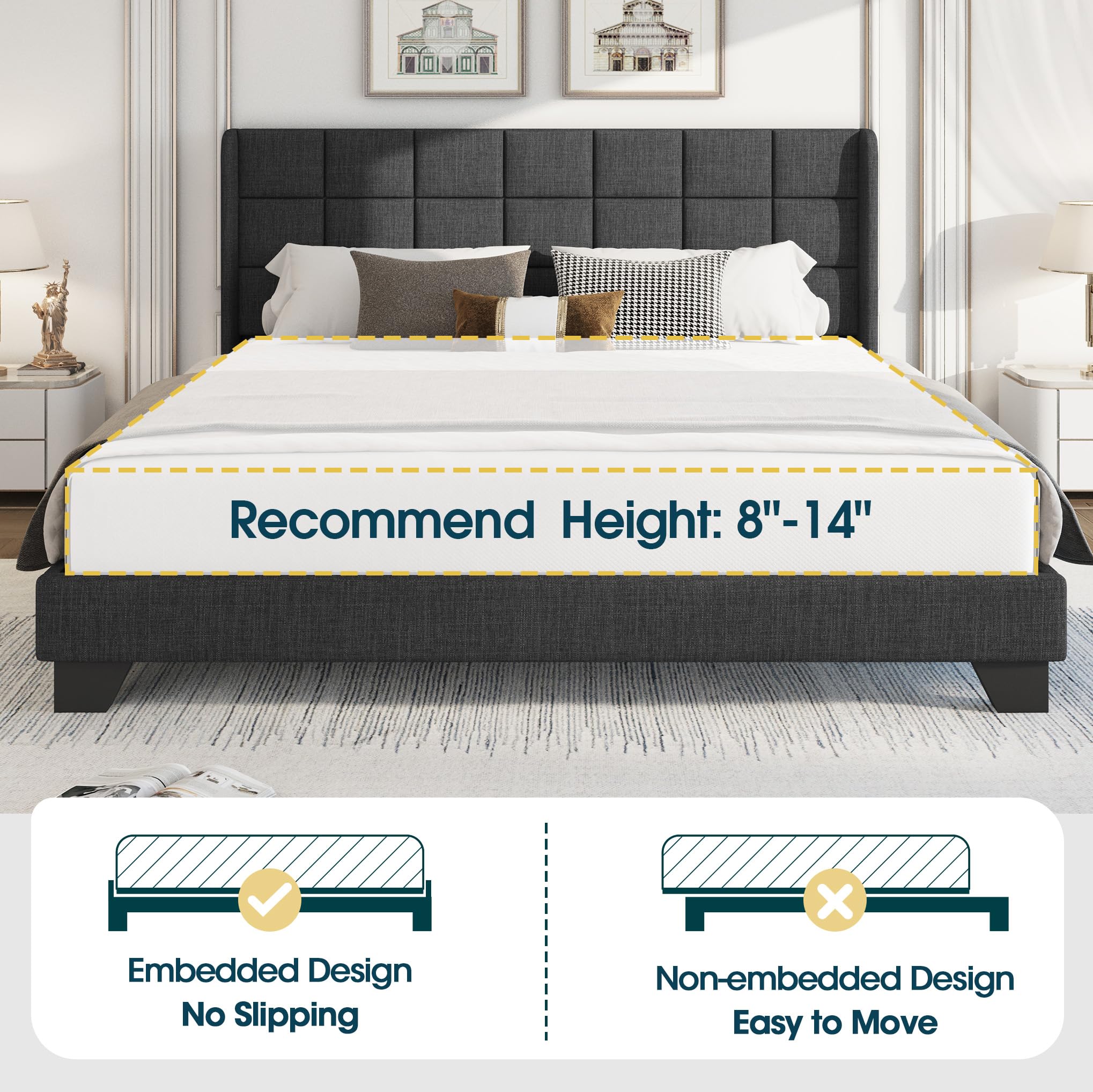 WEEWAY Queen Size Wingback Upholstered Platform Bed Frame, Box-tufted Headboard, Wooden Slats, No Box Spring Needed, Easy Assembly, Dark Grey