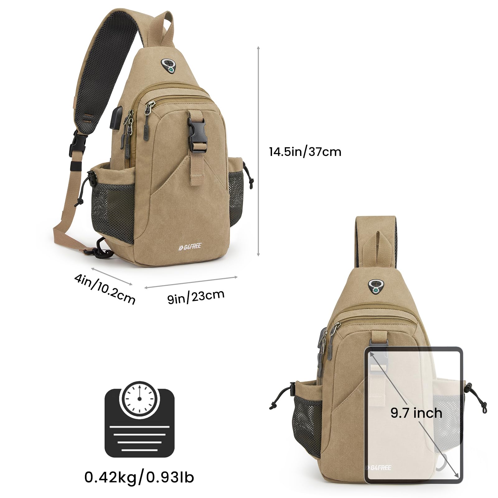 G4Free Canvas Sling Bag Crossbody Backpack with USB Charging Port & RFID Blocking, Hiking Daypack Chest Bag for Women Men(Light Tan)