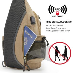 G4Free Canvas Sling Bag Crossbody Backpack with USB Charging Port & RFID Blocking, Hiking Daypack Chest Bag for Women Men(Light Tan)