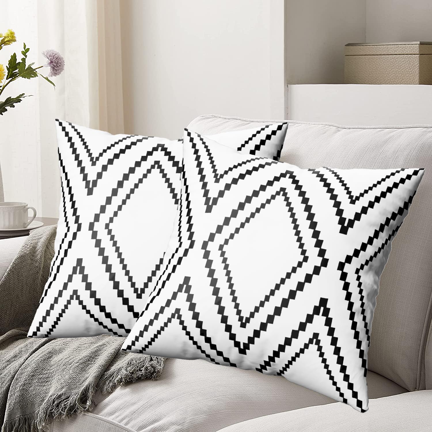 Yaofavo Set of 2 Black Pillow Covers, Boho Aztec Polyester Blend Square Decorative Throw Pillow Covers for Sofa Couch Bed Decor, 2 Pack of Pillowcase ONLY(20x20 Inches, Boho White More)