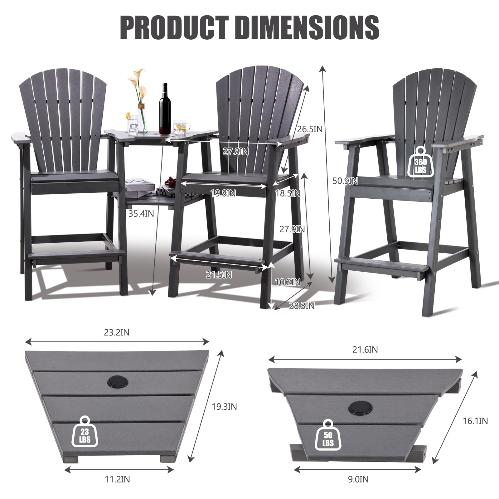 FOOWIN Tall Adirondack Chairs Set of 2，Recycled Poly Balcony Chair with Double Connecting Tray Patio Stools Weather Resistant for Outdoor Deck Lawn Pool Backyard (Double Connecting Tray, Grey)