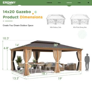 EROMMY 14' x 20' Hardtop Gazebo, Wooden Finish Coated Aluminum Frame Canopy with Double Galvanized Steel Roof, Outdoor Permanent Metal Pavilion with Curtains and Nettings for Patio, Backyard and Deck