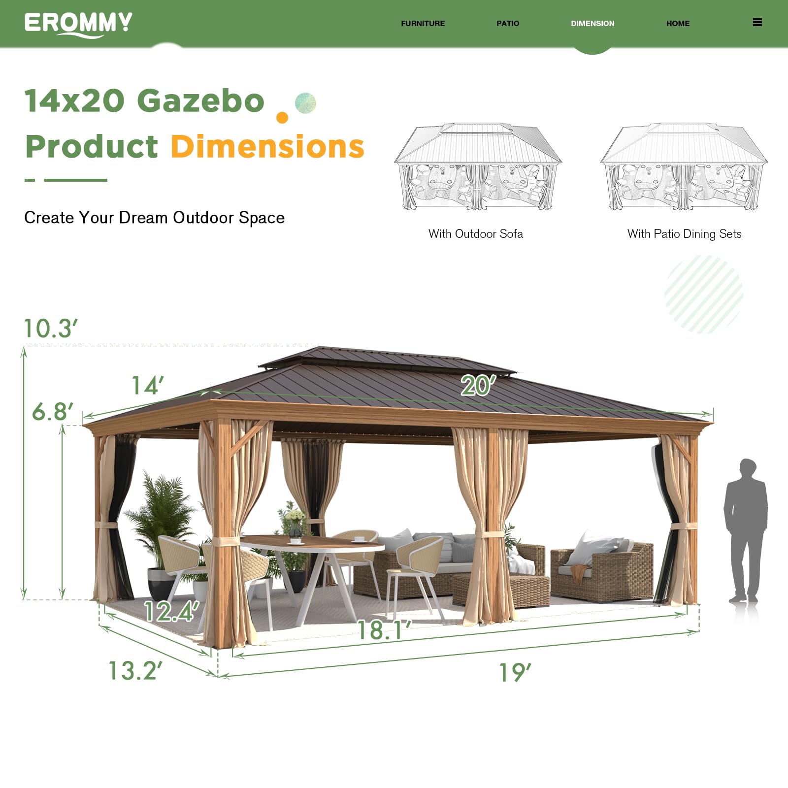 EROMMY 14' x 20' Hardtop Gazebo, Wooden Finish Coated Aluminum Frame Canopy with Double Galvanized Steel Roof, Outdoor Permanent Metal Pavilion with Curtains and Nettings for Patio, Backyard and Deck