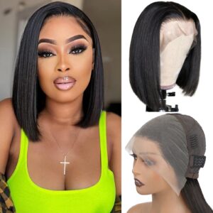 starmo bob wig human hair 13x4 hd lace front wigs lace frontal short straight bob wigs with baby hair pre plucked glueless natural hairline 150% density natural black 12 inch