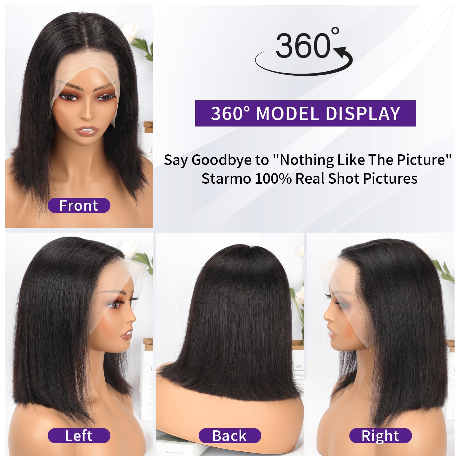 Starmo Bob Wig Human Hair 13x4 HD Lace Front Wigs Lace Frontal Short Straight Bob Wigs with Baby Hair Pre Plucked Glueless Natural Hairline 150% Density Natural Black 12 Inch