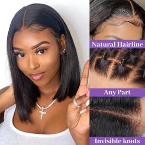 Starmo Bob Wig Human Hair 13x4 HD Lace Front Wigs Lace Frontal Short Straight Bob Wigs with Baby Hair Pre Plucked Glueless Natural Hairline 150% Density Natural Black 12 Inch