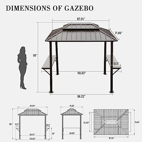 Domi 8’ x 6’ Grill Gazebo, Outdoor Aluminum BBQ Gazebo with 2 Side Shelves, Hardtop Double Roof Permanent Sun Shade with Ceiling Hooks for Patio Deck Yard Garden (Brown)