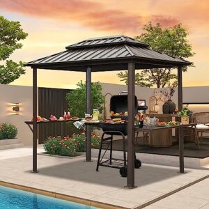 Domi 8’ x 6’ Grill Gazebo, Outdoor Aluminum BBQ Gazebo with 2 Side Shelves, Hardtop Double Roof Permanent Sun Shade with Ceiling Hooks for Patio Deck Yard Garden (Brown)