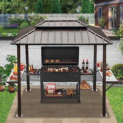 Domi 8’ x 6’ Grill Gazebo, Outdoor Aluminum BBQ Gazebo with 2 Side Shelves, Hardtop Double Roof Permanent Sun Shade with Ceiling Hooks for Patio Deck Yard Garden (Brown)