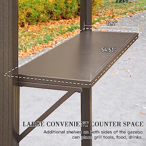 Domi 8’ x 6’ Grill Gazebo, Outdoor Aluminum BBQ Gazebo with 2 Side Shelves, Hardtop Double Roof Permanent Sun Shade with Ceiling Hooks for Patio Deck Yard Garden (Brown)