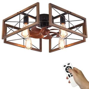 capslpad 20''farmhouse flush mount ceiling fan with light and remote control,industry wood low profile fan rustic industrial caged indoor ceiling fan for bedroom living room kitchen (4-light)