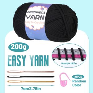 200g Yarn for Crocheting, Beginners Yarn, Easy Yarn for Beginners with Easy-to-See Stitches, Stitch Marker, Big Eye Blunt Needle, Crochet Yarn for Crocheting (Black)