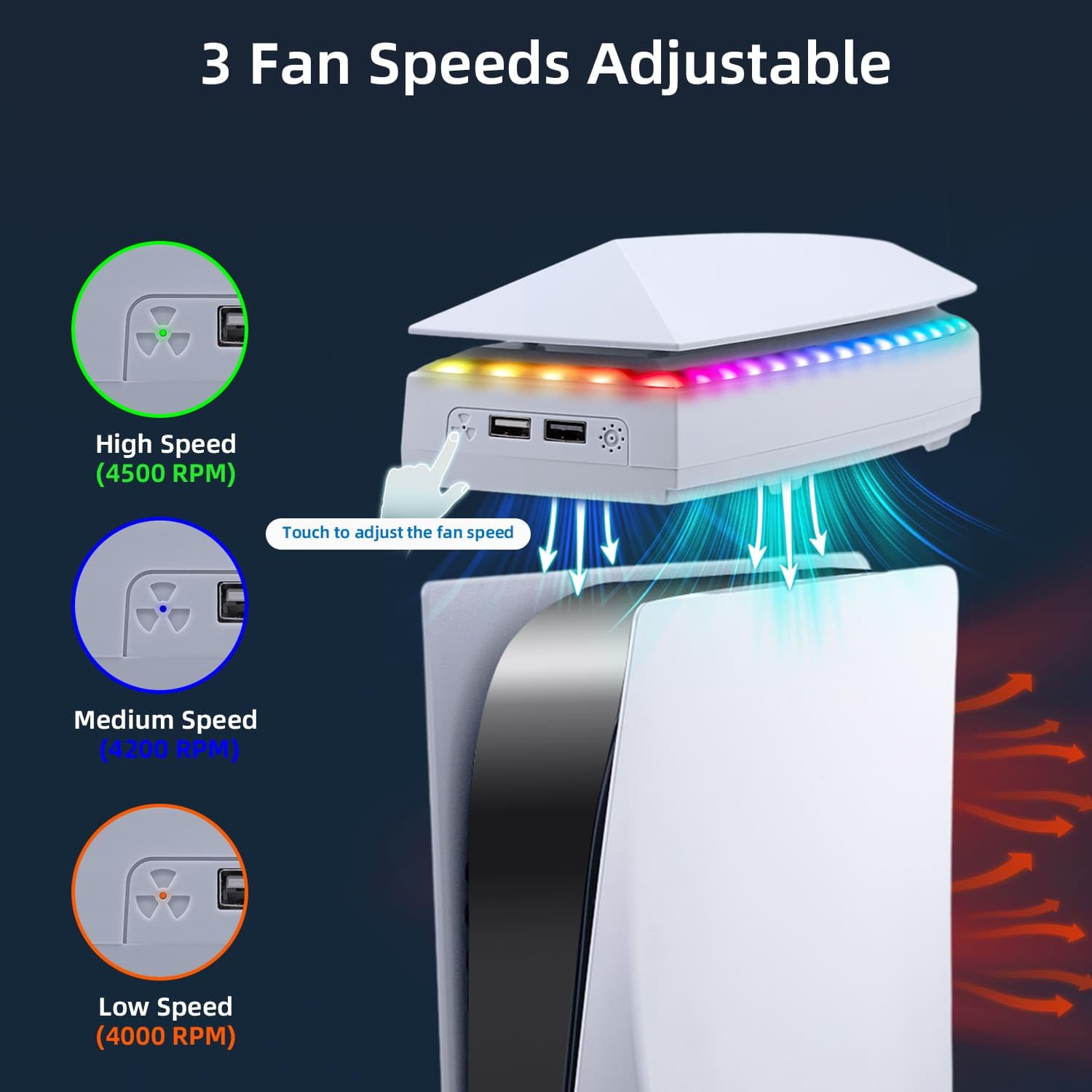 Mcbazel Upper RGB Cooling Fan for PS5, Top Cooling System Cooler Fan with RGB Light, 3 Speed Adjustable Fan, Dual USB 2.0 Port for PS5 Console - White (NOT for PS5 Slim)