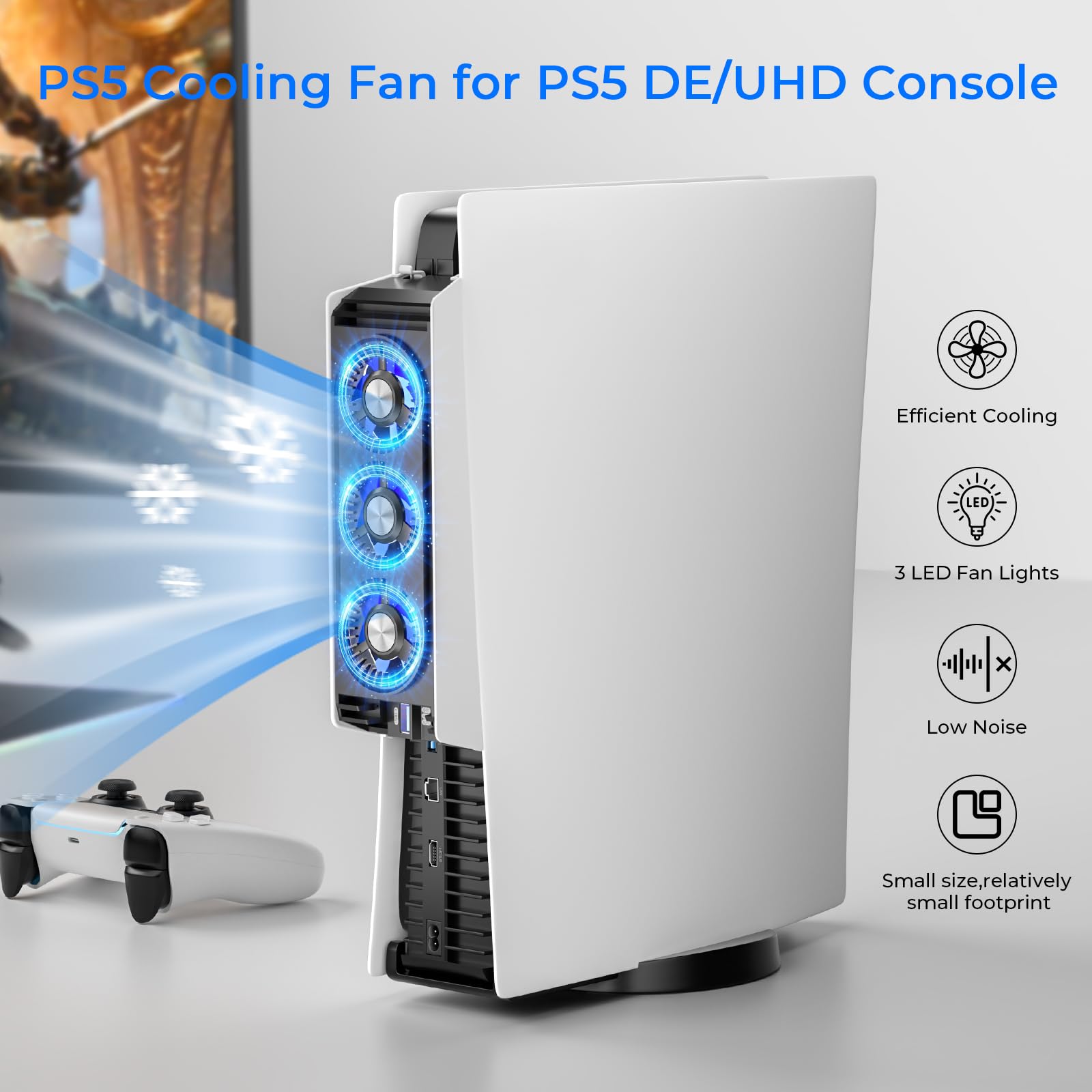 Upgraded PS5 Cooling Fan with LED Light,Quiet and Efficient Cooling System for PS5 Cooler,2 Fan Speeds,3 Small Fans,USB 3.0 Port Compatible with PlayStation 5 Digital & Discs Edition