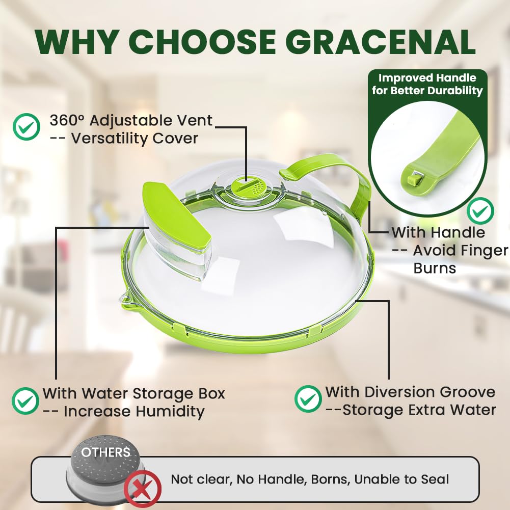 Gracenal Microwave Cover for Food, Clear Microwave Splatter Cover with Water Steamer and Handle, 10 Inch Plate Covers, Kitchen Gadgets and Accessories, House Essentials for Gifts, Green