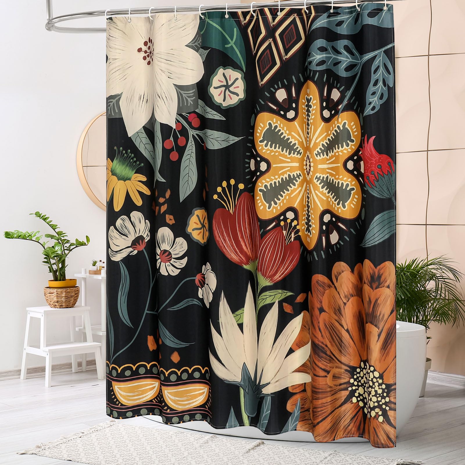 MitoVilla Boho Floral Shower Curtain, Tropical Leaves Fabric Cloth Shower Curtains for Chic Elegant Bathroom Decor, Modern Farmhouse Abstract Colorful Flower Shower Curtain, 72x72