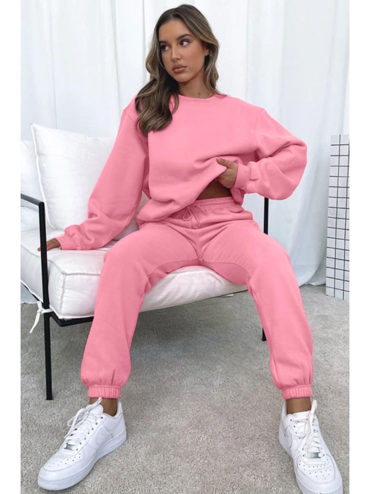 KANSOON Outfits for Women 2 Piece Sets Long Sleeves Pullover Sweatshirt Drawstring Jogger Sweatpants Set Pink S