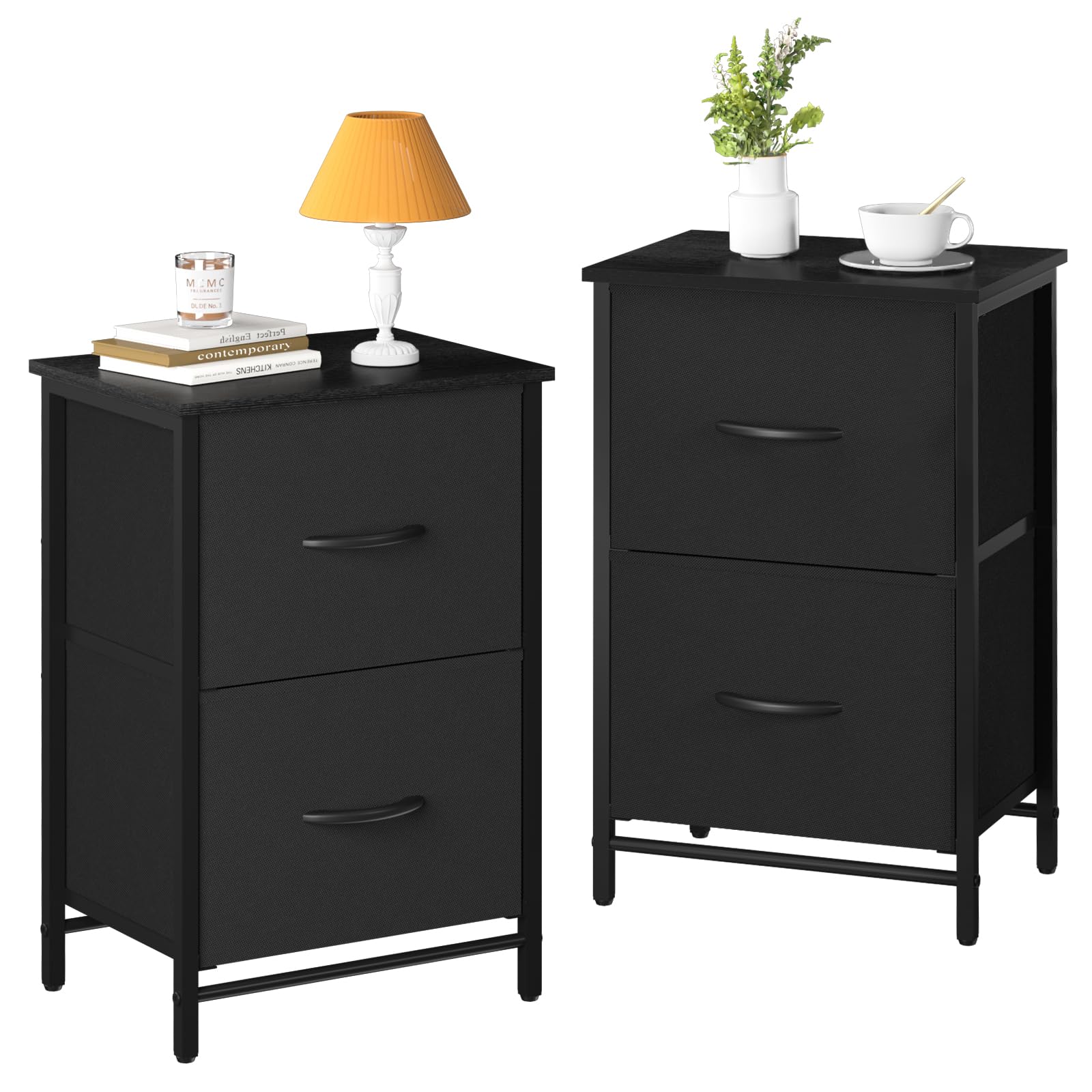 Yoobure Fabric Nightstand Set of 2 - Small Wood Bedside Tables with Storage Drawers for Bedrooms and Dorms