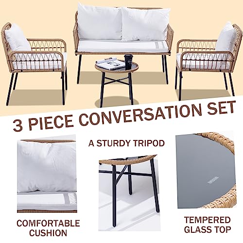 Homsido Patio Furniture Set 4 Pieces Small Boho Outdoor Rattan Woven Chairs Wicker Sofa Garden Conversation Balcony Bistro Sets for Yard,Pool or Backyard,Front Porch(Beige Wicker White Cushions)