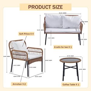 Homsido Patio Furniture Set 4 Pieces Small Boho Outdoor Rattan Woven Chairs Wicker Sofa Garden Conversation Balcony Bistro Sets for Yard,Pool or Backyard,Front Porch(Beige Wicker White Cushions)