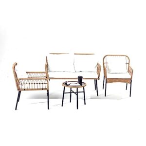 Homsido Patio Furniture Set 4 Pieces Small Boho Outdoor Rattan Woven Chairs Wicker Sofa Garden Conversation Balcony Bistro Sets for Yard,Pool or Backyard,Front Porch(Beige Wicker White Cushions)