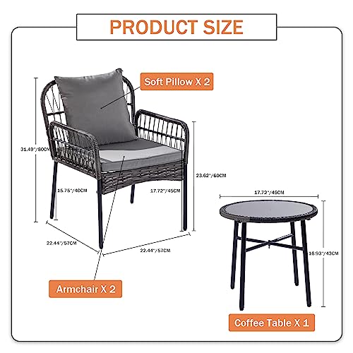 Homsido Small Patio Furniture Set 3 Pieces Boho Outdoor Rattan Woven Chairs Wicker Garden Conversation Balcony Bistro Sets for Yard,Pool or Backyard,Front Porch(Grey Wicker Grey Cushions)