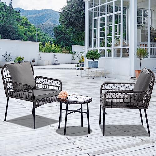 Homsido Small Patio Furniture Set 3 Pieces Boho Outdoor Rattan Woven Chairs Wicker Garden Conversation Balcony Bistro Sets for Yard,Pool or Backyard,Front Porch(Grey Wicker Grey Cushions)