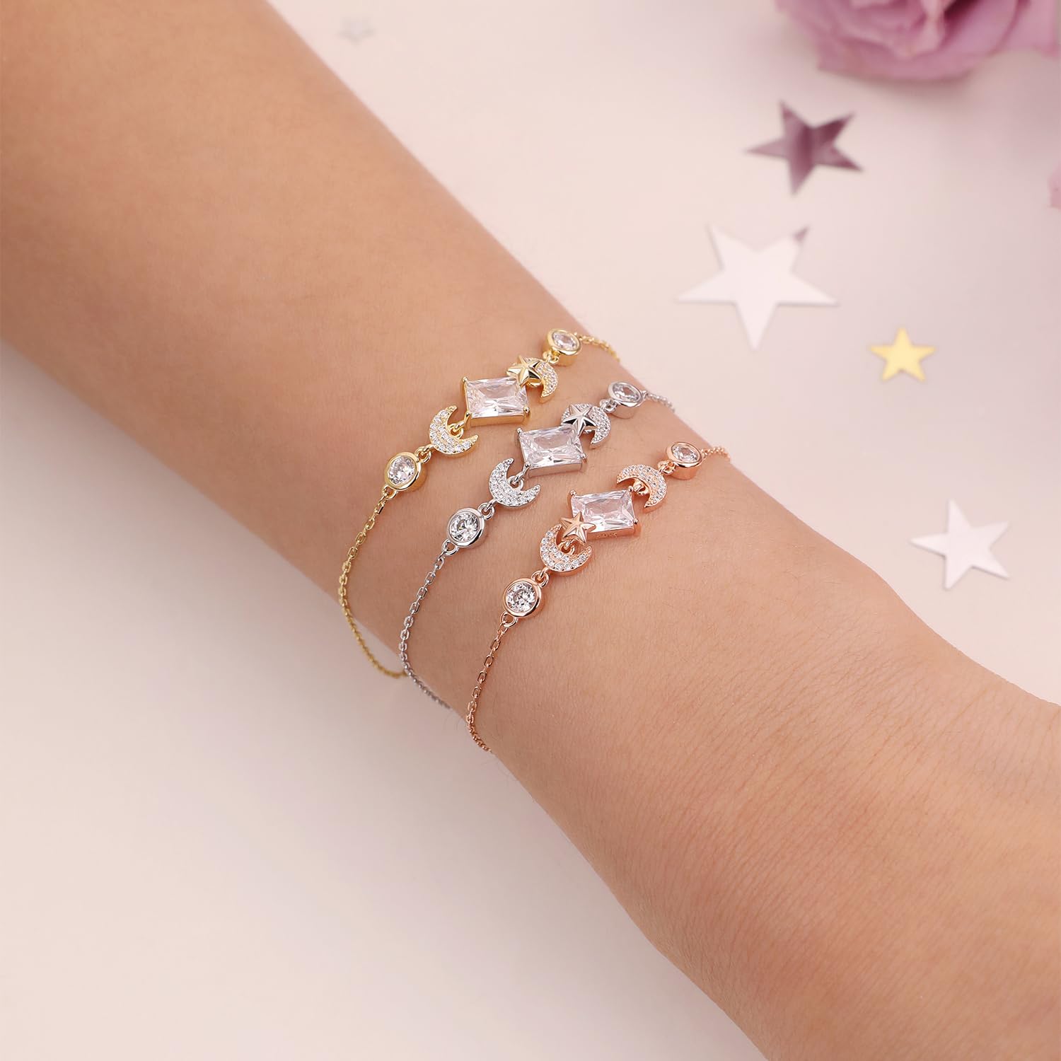 Meissa Bracelet for Women Crystal Bracelet Sterling Silver Charm Bracelet Rose Gold Bracelet Friendship Bracelet 6 to 7.6 Inches