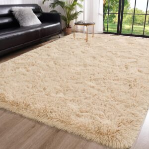 toneed fluffy area rug for bedroom living room, 6 x 9 feet beige shaggy rug super soft modern indoor rug fuzzy plush carpet for dorm nursery kids room home decorative