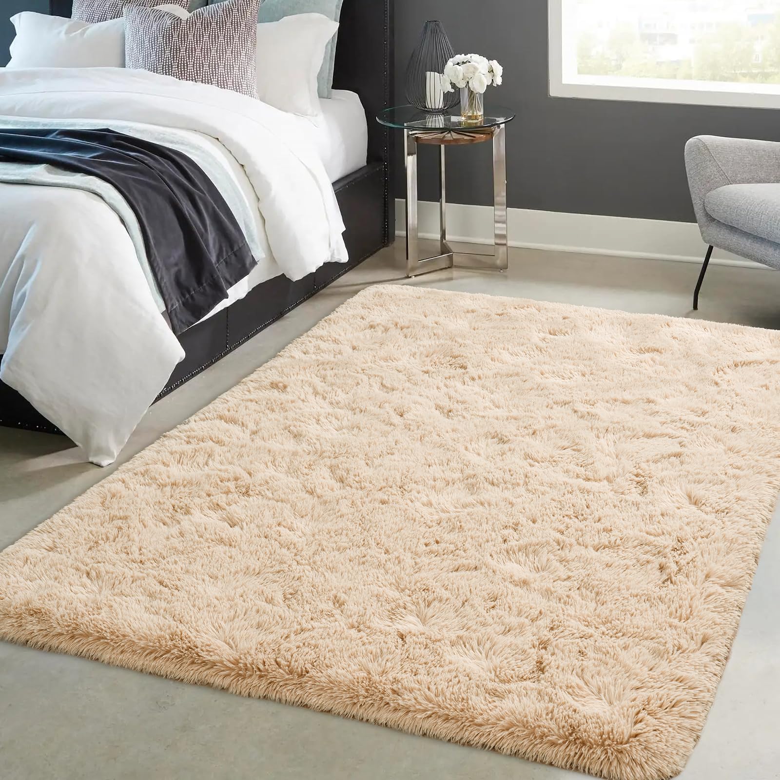 Toneed Fluffy Area Rug for Bedroom Living Room, 6 x 9 Feet Beige Shaggy Rug Super Soft Modern Indoor Rug Fuzzy Plush Carpet for Dorm Nursery Kids Room Home Decorative