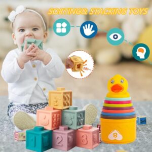 Baby toys 6 to 12 months, Montessori toys for 1 year old, Silicone Pull String Teething Toys, Stacking Building Blocks Infant Toddler Toys 0-3, Color Shape Bin Sensory Toys, Baby boys&girls gifts