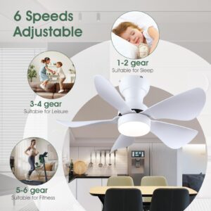 Kviflon Ceiling Fans with Lights and Remote/APP Control, 30 inch Low Profile Ceiling Fans with 5 Reversible Blades 3 Colors Dimmable 6 Speeds Ceiling Fan for Bedroom Kitchen Dining Room, White