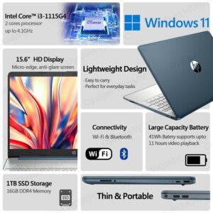 HP 15.6 inch Laptop, 16GB Memory, 1TB SSD Storage, Intel Core i3-1115G4 Processor, 15.6" HD Anti-Glare Display, HDMI, SD Card Reader, Wi-Fi & Bluetooth, Windows 11 Home, 1 Year Microsoft 365