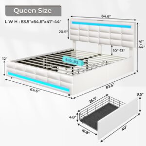 ADORNEVE Queen Bed Frame with Drawers, LED Bed Frame with Charging Station, Pu Leather Platform Bed Frame Queen Size with Storage & LED Lights Headboard Footboard, No Box Spring Needed, White