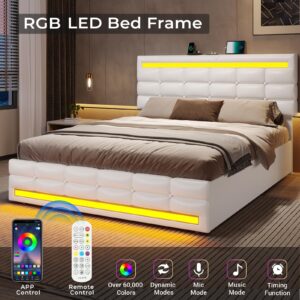 ADORNEVE Queen Bed Frame with Drawers, LED Bed Frame with Charging Station, Pu Leather Platform Bed Frame Queen Size with Storage & LED Lights Headboard Footboard, No Box Spring Needed, White