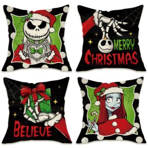 fahrendom merry christmas believe decorative throw pillow covers 18x18 set of 4, xmas gift black green patio porch outdoor pillowcase, polka dots jack skellington sally winter cushion case home decor