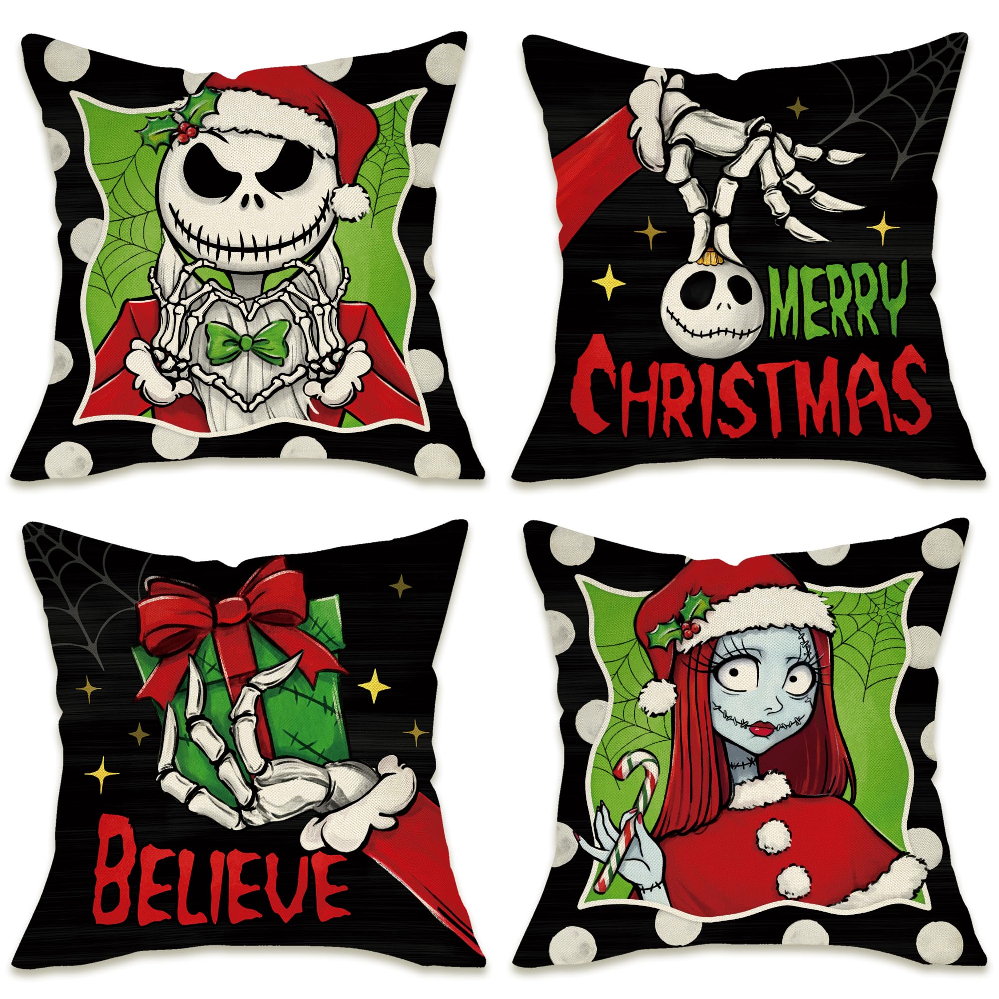 Fahrendom Merry Christmas Believe Decorative Throw Pillow Covers 18x18 Set of 4, Xmas Gift Black Green Patio Porch Outdoor Pillowcase, Polka Dots Jack Skellington Sally Winter Cushion Case Home Decor