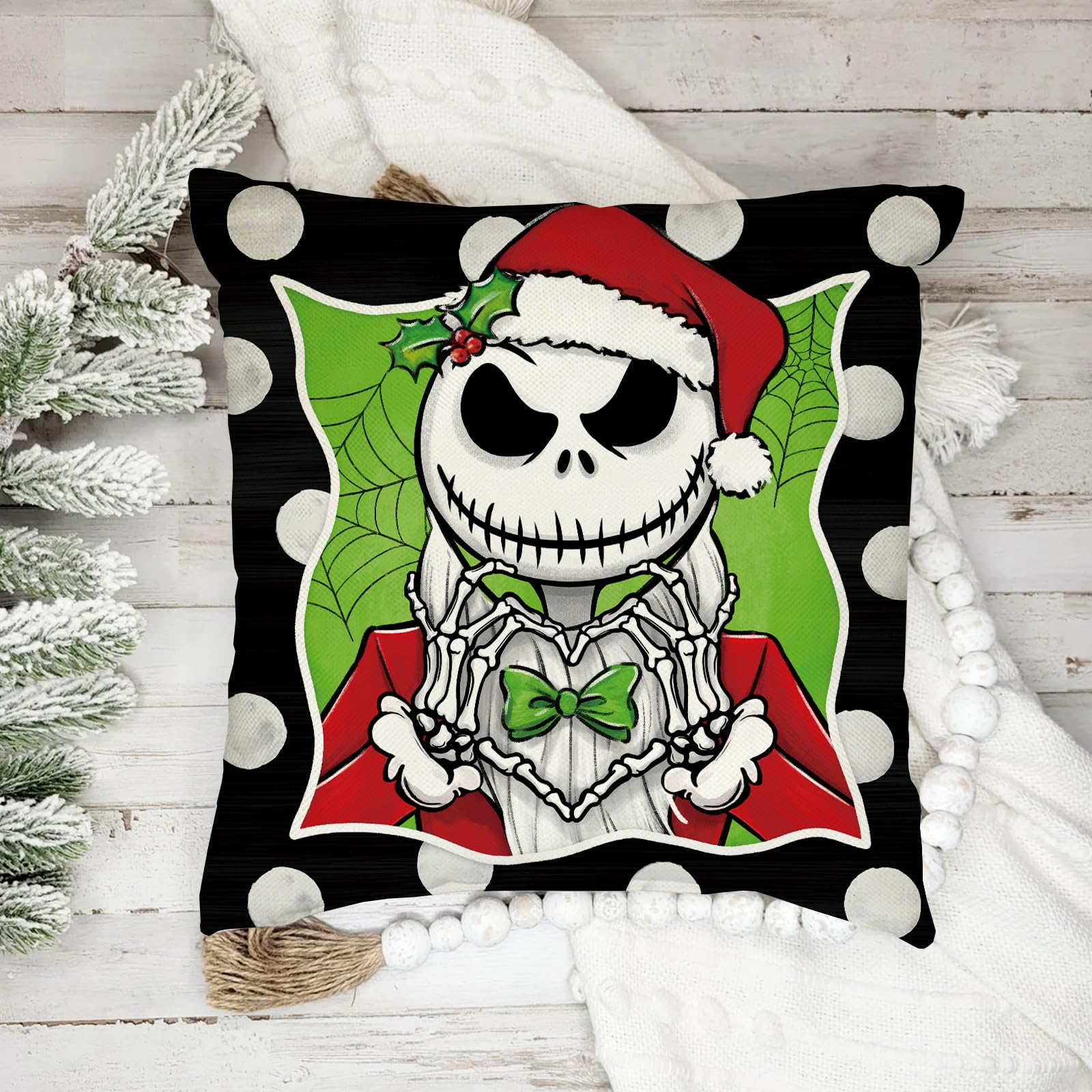 Fahrendom Merry Christmas Believe Decorative Throw Pillow Covers 18x18 Set of 4, Xmas Gift Black Green Patio Porch Outdoor Pillowcase, Polka Dots Jack Skellington Sally Winter Cushion Case Home Decor