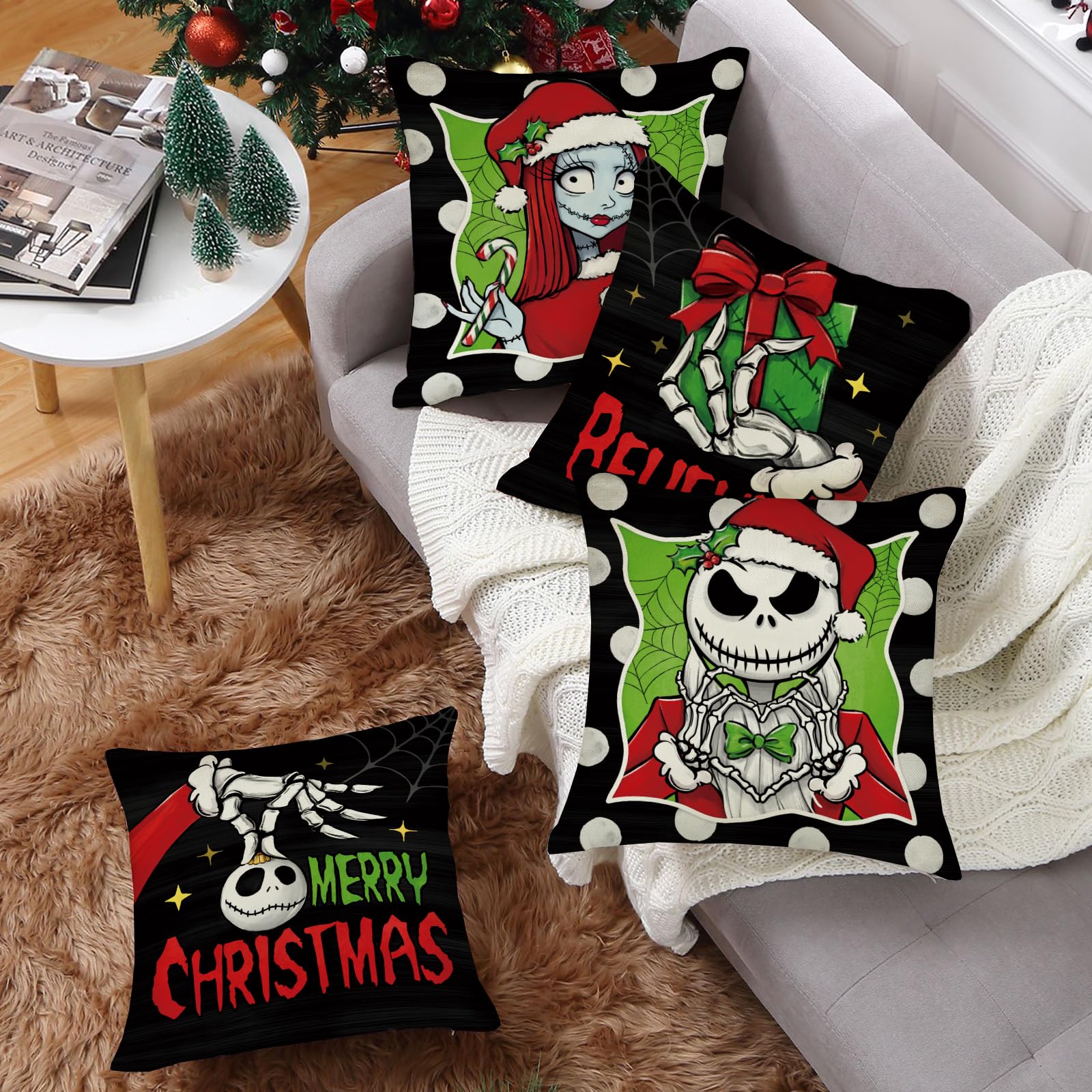 Fahrendom Merry Christmas Believe Decorative Throw Pillow Covers 18x18 Set of 4, Xmas Gift Black Green Patio Porch Outdoor Pillowcase, Polka Dots Jack Skellington Sally Winter Cushion Case Home Decor