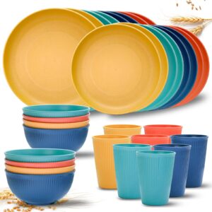 wheat straw dinnerware sets for 8, osonm 32pcs unbreakable reusable plastic dinner plates dessert plates bowls cups set, dishwasher microwave safe dishes set for camping rv kitchen dorm (multicolor)
