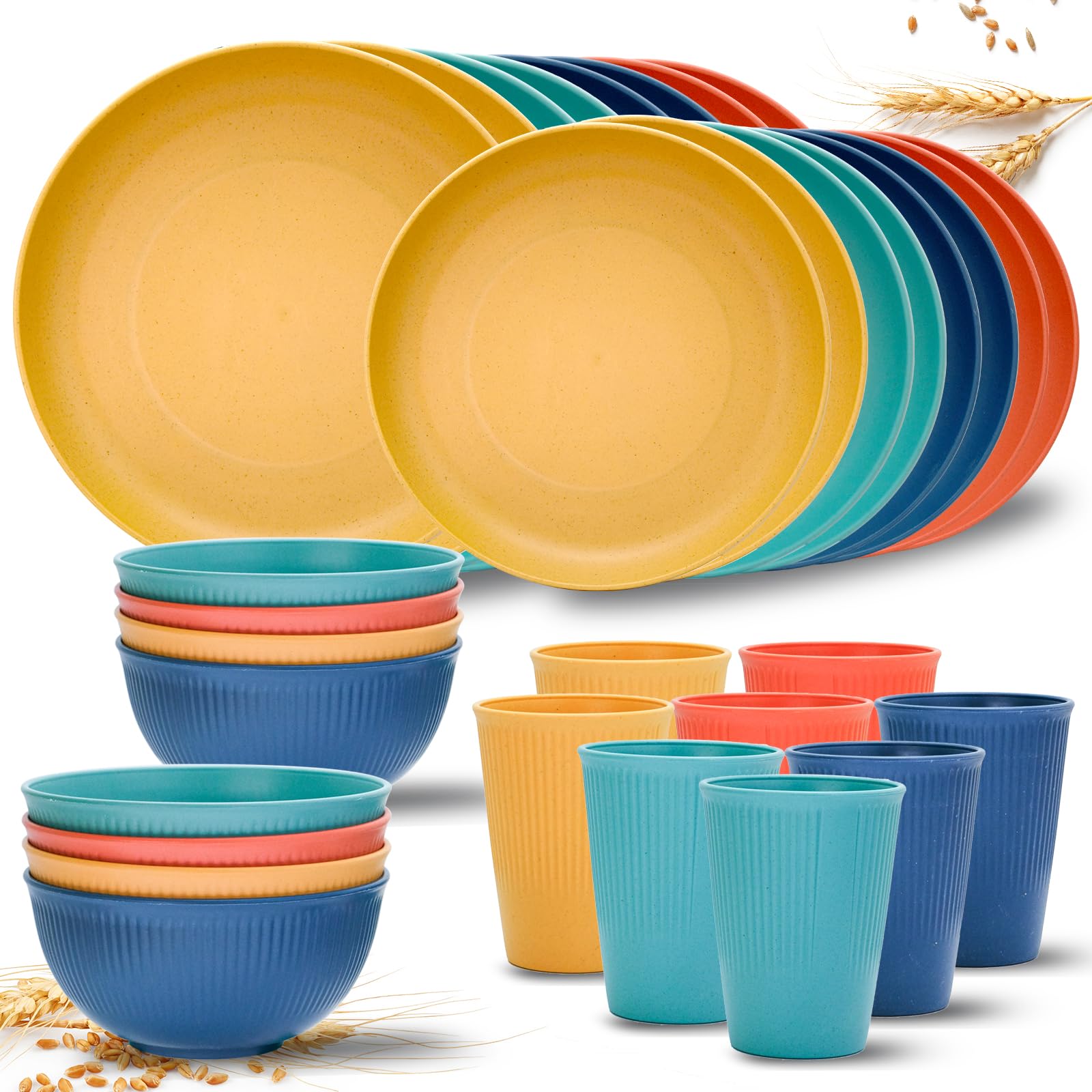 Wheat Straw Dinnerware Sets for 8, Osonm 32PCS Unbreakable Reusable Plastic Dinner Plates Dessert Plates Bowls Cups Set, Dishwasher Microwave Safe Dishes Set for Camping RV Kitchen Dorm (Multicolor)