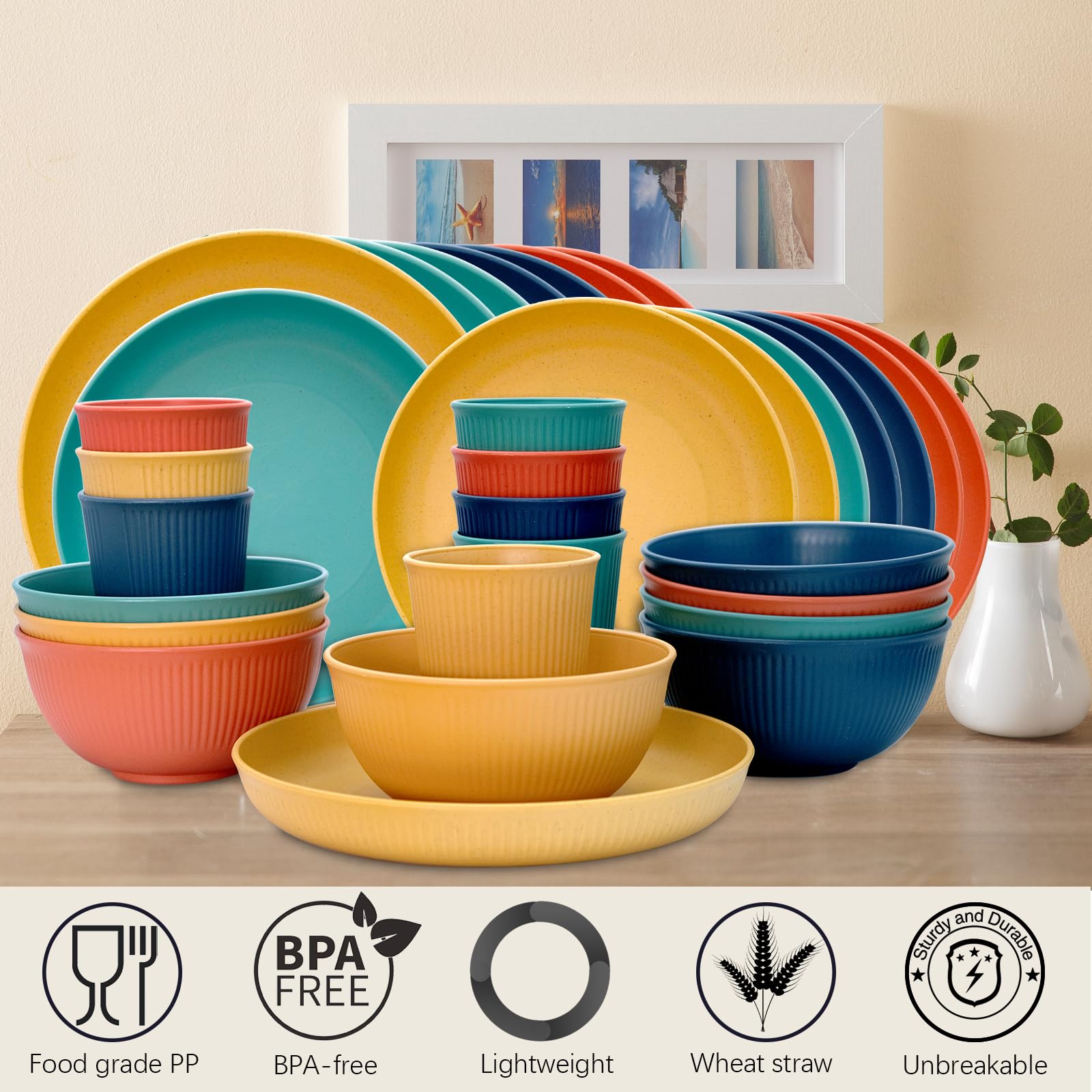 Wheat Straw Dinnerware Sets for 8, Osonm 32PCS Unbreakable Reusable Plastic Dinner Plates Dessert Plates Bowls Cups Set, Dishwasher Microwave Safe Dishes Set for Camping RV Kitchen Dorm (Multicolor)