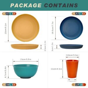 Wheat Straw Dinnerware Sets for 8, Osonm 32PCS Unbreakable Reusable Plastic Dinner Plates Dessert Plates Bowls Cups Set, Dishwasher Microwave Safe Dishes Set for Camping RV Kitchen Dorm (Multicolor)