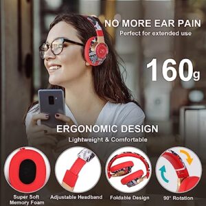 CBSOHDE Bluetooth Headphones Over The Ear, Wired/Wireless Headphones with Microphone-Soft Ear Cushions, Hi-Fi Stereo Sound Foldable Bluetooth Headphones for Kids Adults, Pad Laptop PC (Red)